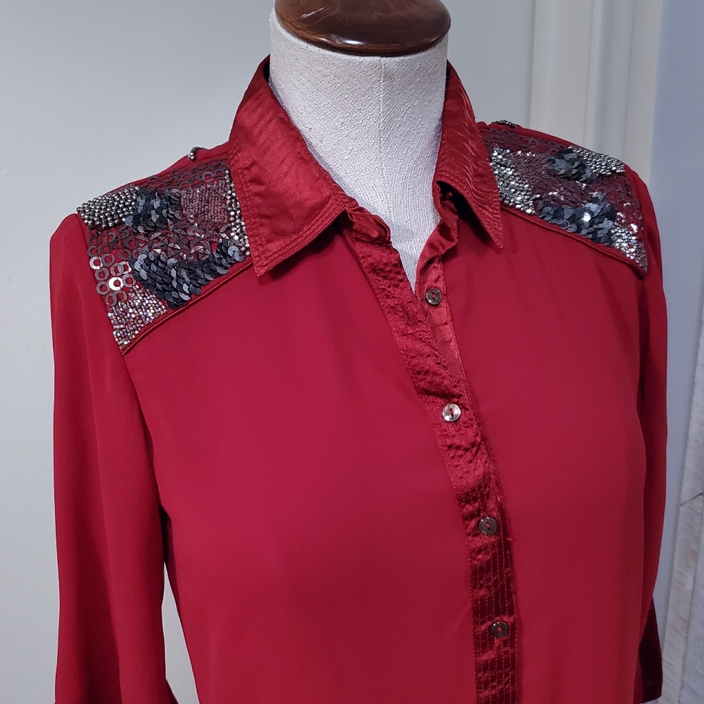 Lakshita Embellished Shoulder Red Button Up Shirt